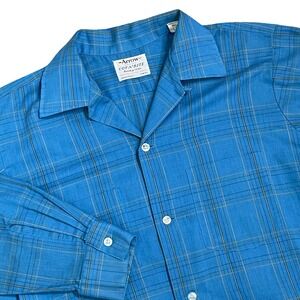 Vtg Arrow Sanforized Shirt Men M Blue Plaid 60s 70s Perma-Iron Camp Loop Collar
